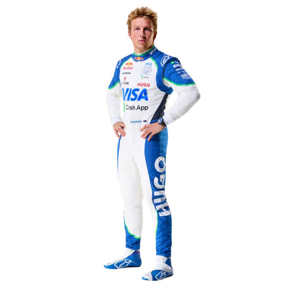 Liam Lawson wearing a VCARB 2025, a blue and white F1 racing suit with various sponsor logos - Kartx Gear