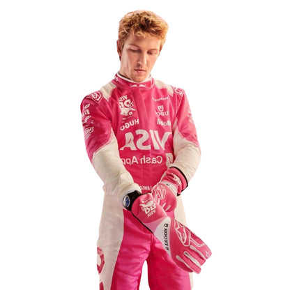 Liam Lawson wearing a pink 2025 Miami GP VCARB F1 racing suit with various logos - Kartx Gear