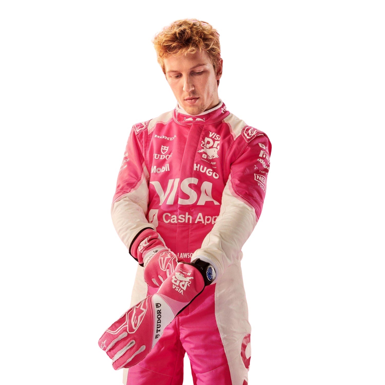 Liam Lawson wearing a pink 2025 Miami GP VCARB F1 racing suit with various sponsor logos - Kartx Gear