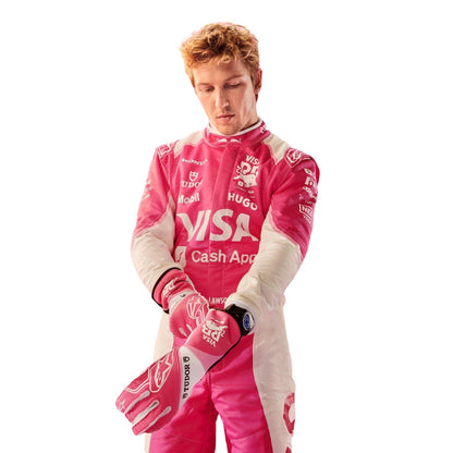Liam Lawson wearing a pink 2025 Miami GP VCARB F1 racing suit with various sponsor logos - Kartx Gear