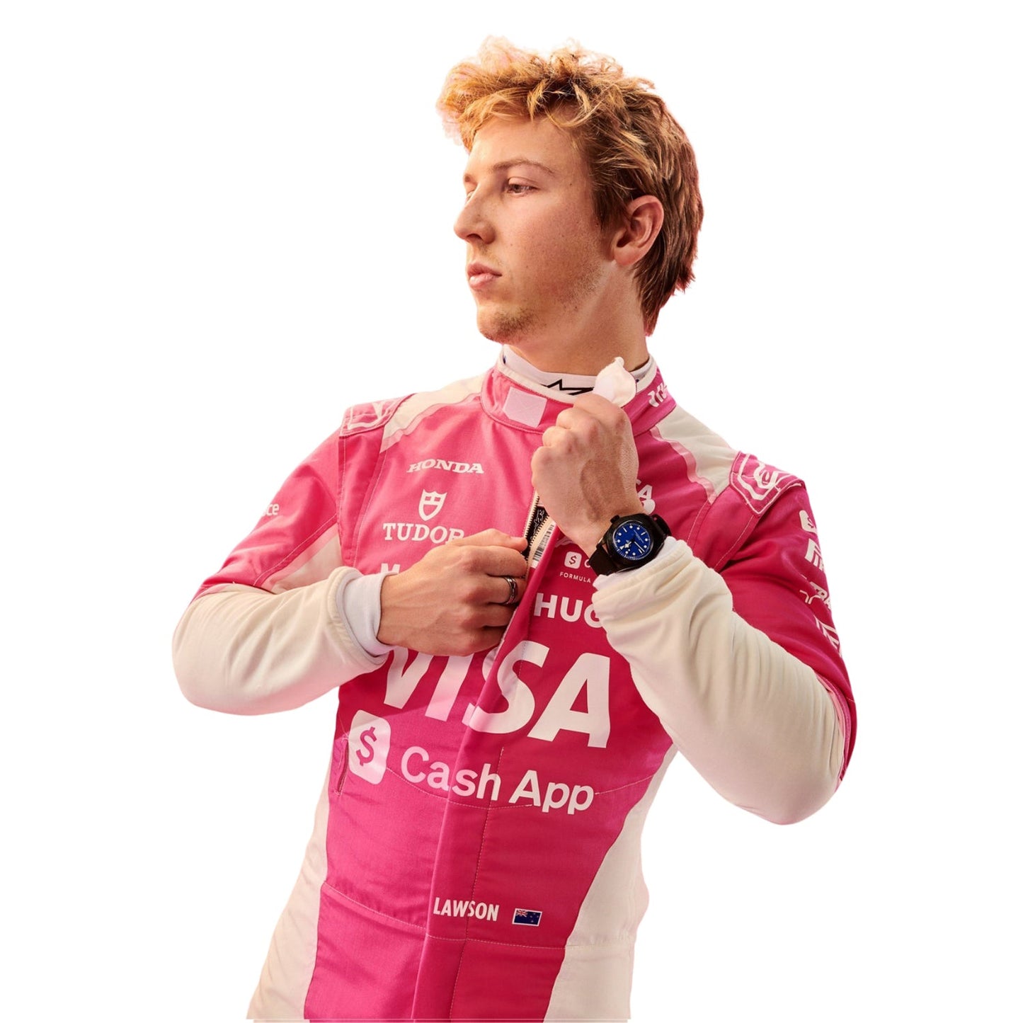 Liam Lawson wearing a pink 2025 Miami GP VCARB F1 racing suit with various sponsor logos - Kartx Gear
