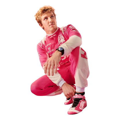 Liam Lawson wearing a pink 2025 Miami GP VCARB F1 racing suit with visible branding - Kartx Gear
