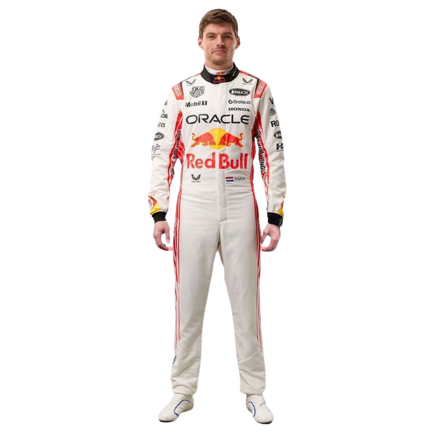 Max Verstappen wearing a white 2025 Red Bull Japanese GP F1 racing suit with Red Bull and Oracle branding - Kartx Gear