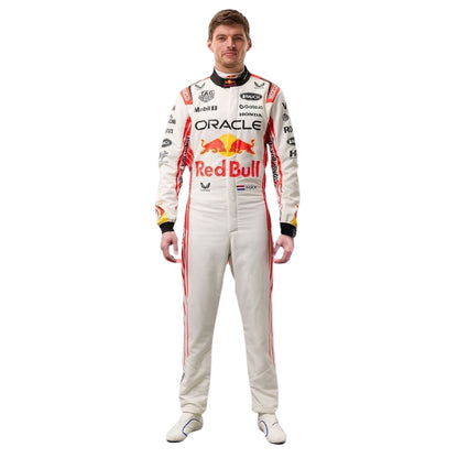 Max Verstappen wearing a white 2025 Red Bull Japanese GP F1 racing suit with Red Bull and Oracle branding - Kartx Gear