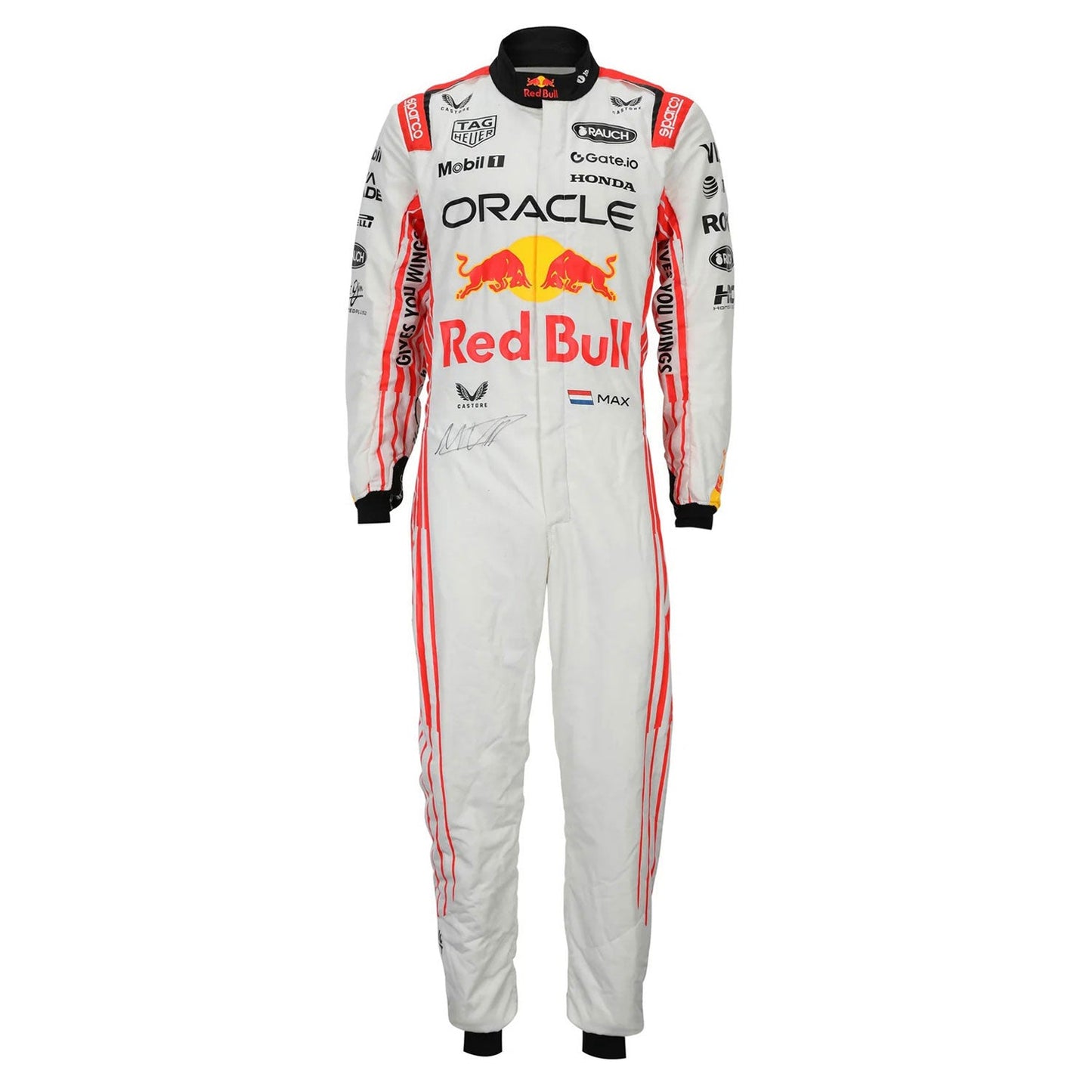 White Max Verstappen 2025 Red Bull Japanese GP F1 racing suit with Red Bull and Oracle branding - Kartx Gear