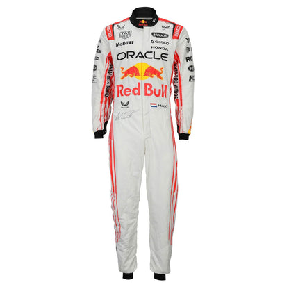 White Max Verstappen 2025 Red Bull Japanese GP F1 racing suit with Red Bull and Oracle branding - Kartx Gear