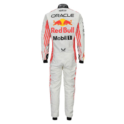 White Max Verstappen 2025 Red Bull Japanese GP F1 racing suit with Red Bull and Mobil logos - Kartx Gear