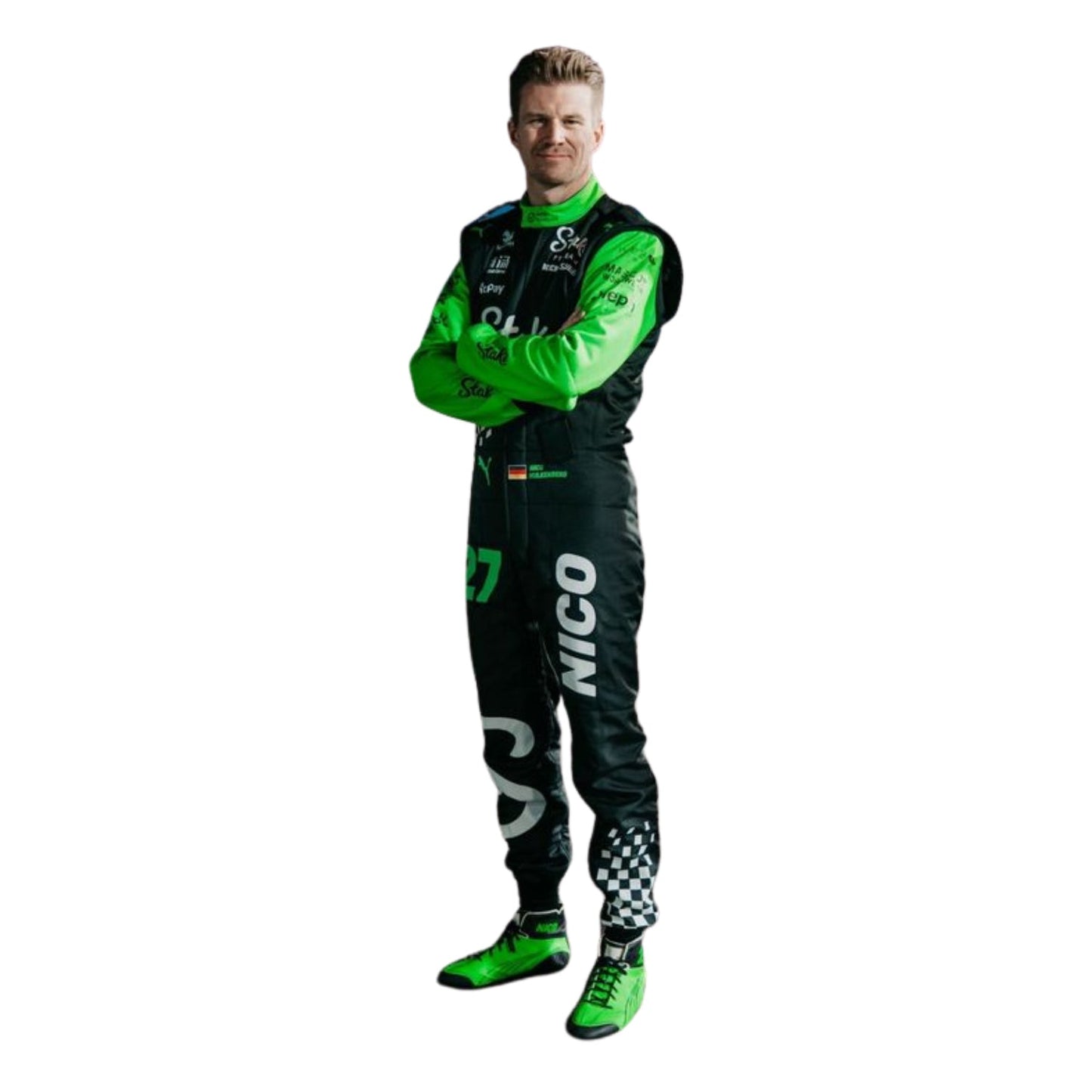 Nico Hulkenberg wearing a green and black 2025 F1 Kick Sauber Las Vegas GP racing suit with 'Nico' branding - Kartx Gear