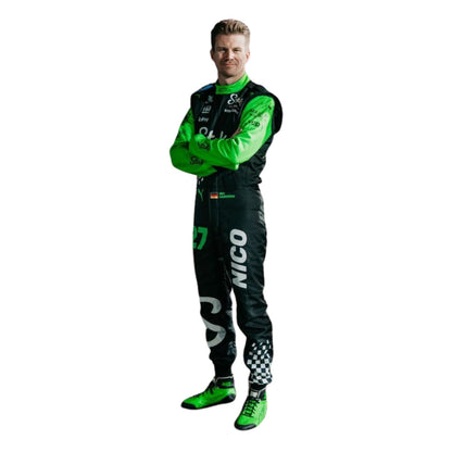 Nico Hulkenberg wearing a green and black 2025 F1 Kick Sauber Las Vegas GP racing suit with 'Nico' branding - Kartx Gear