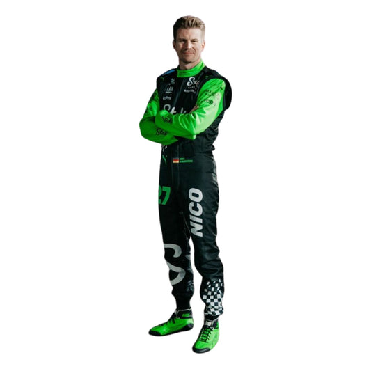 Nico Hulkenberg wearing a green and black 2025 F1 Kick Sauber Las Vegas GP racing suit with 'Nico' branding - Kartx Gear