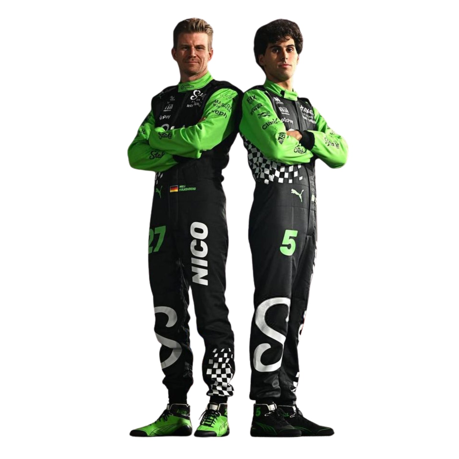 Two individuals, Gabriel Bortoleto and Nico Hulkenberg, wearing green and black 2025 Las Vegas GP Team Kick Sauber racing suits - Kartx Gear