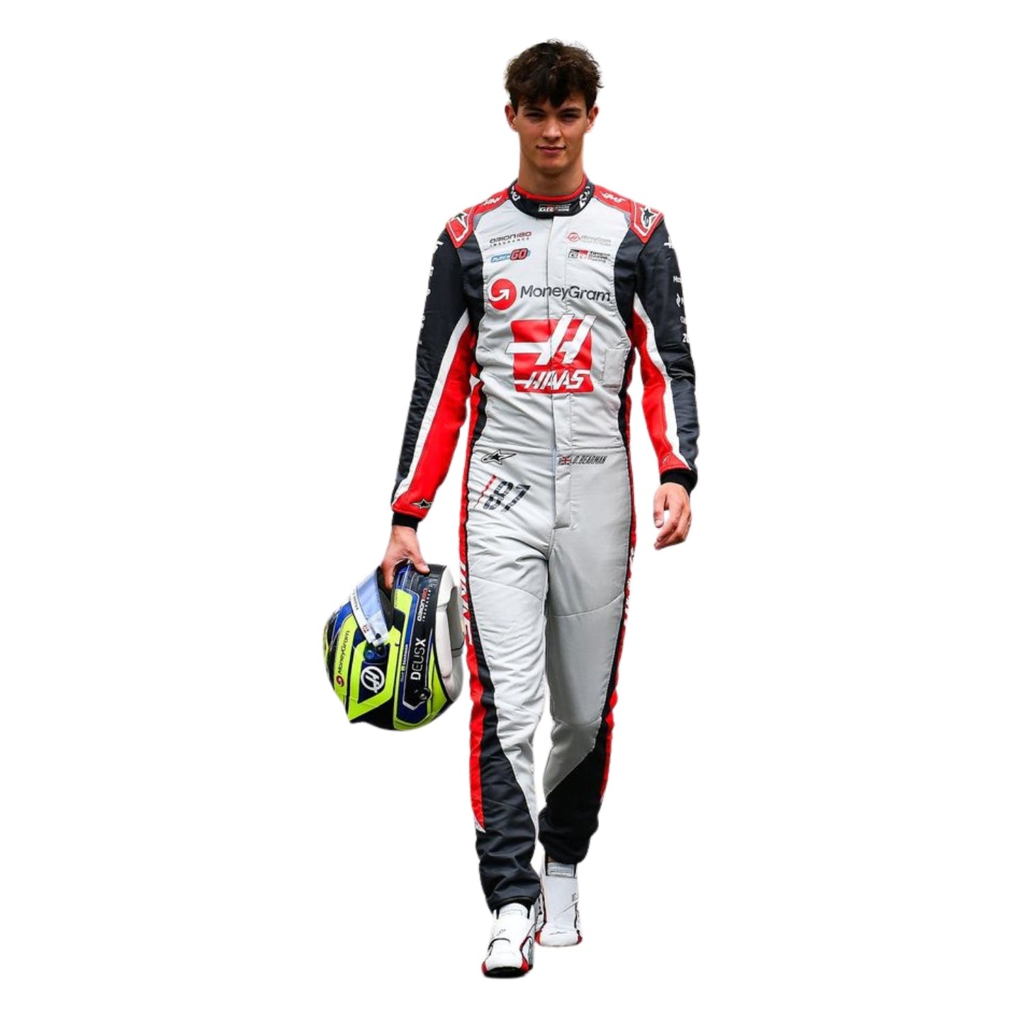Oliver Bearman wearing a 2025 Haas F1 200th Race Look Canadian GP racing suit with visible branding - Kartx Gear