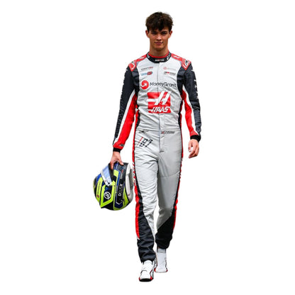 Oliver Bearman wearing a 2025 Haas F1 200th Race Look Canadian GP racing suit with visible branding - Kartx Gear