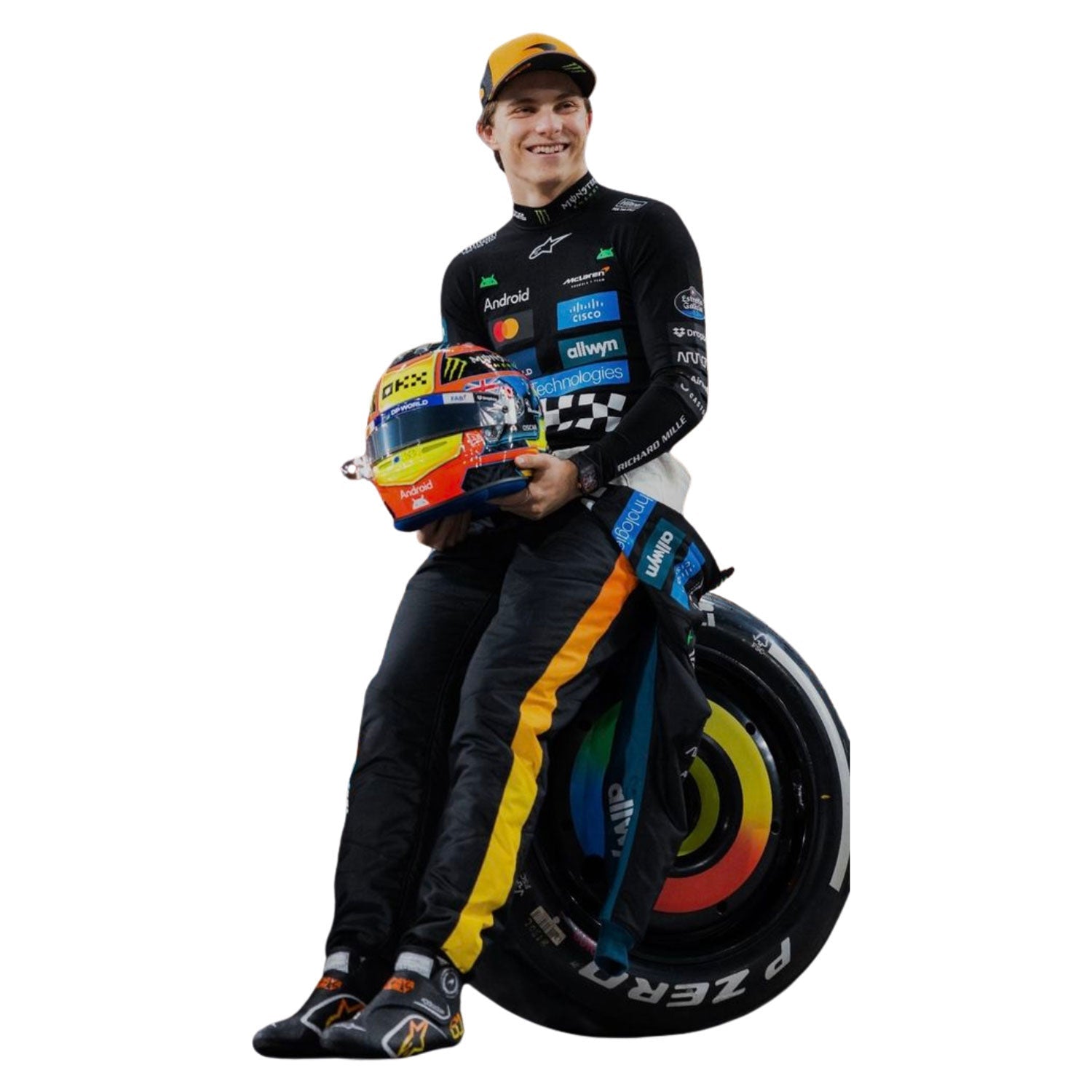 Oscar Piastri wearing a black 2025 McLaren Abu Dhabi GP F1 racing suit, holding a helmet next to a racing tire - Kartx Gear