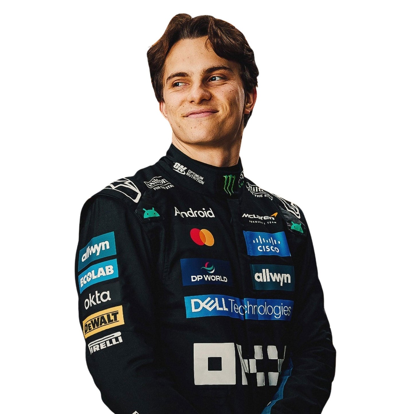 Oscar Piastri wearing a black 2025 McLaren Abu Dhabi GP F1 racing suit with various sponsor logos - Kartx Gear