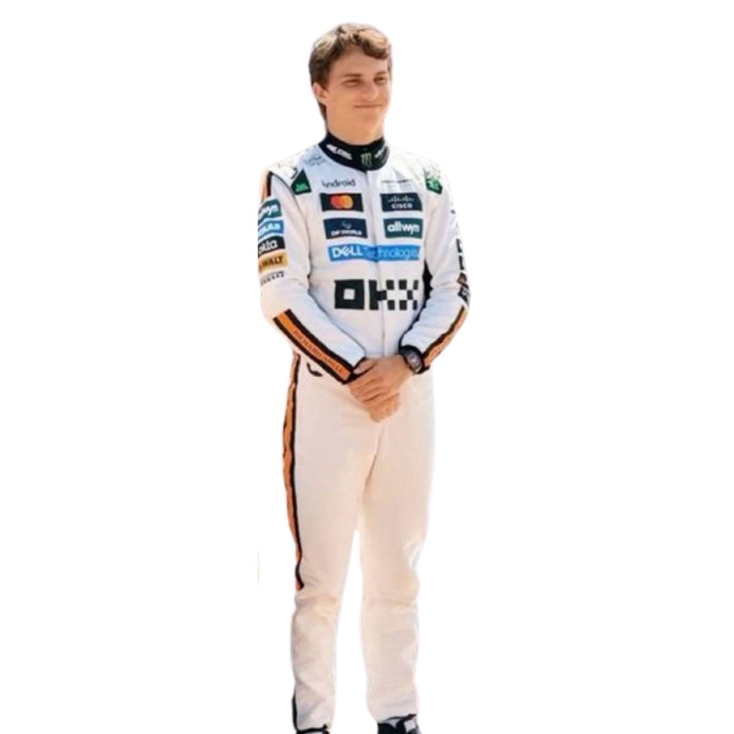 Oscar Piastri wearing a 2025 Monaco GP McLaren F1 racing suit with various sponsor logos - Kartx Gear