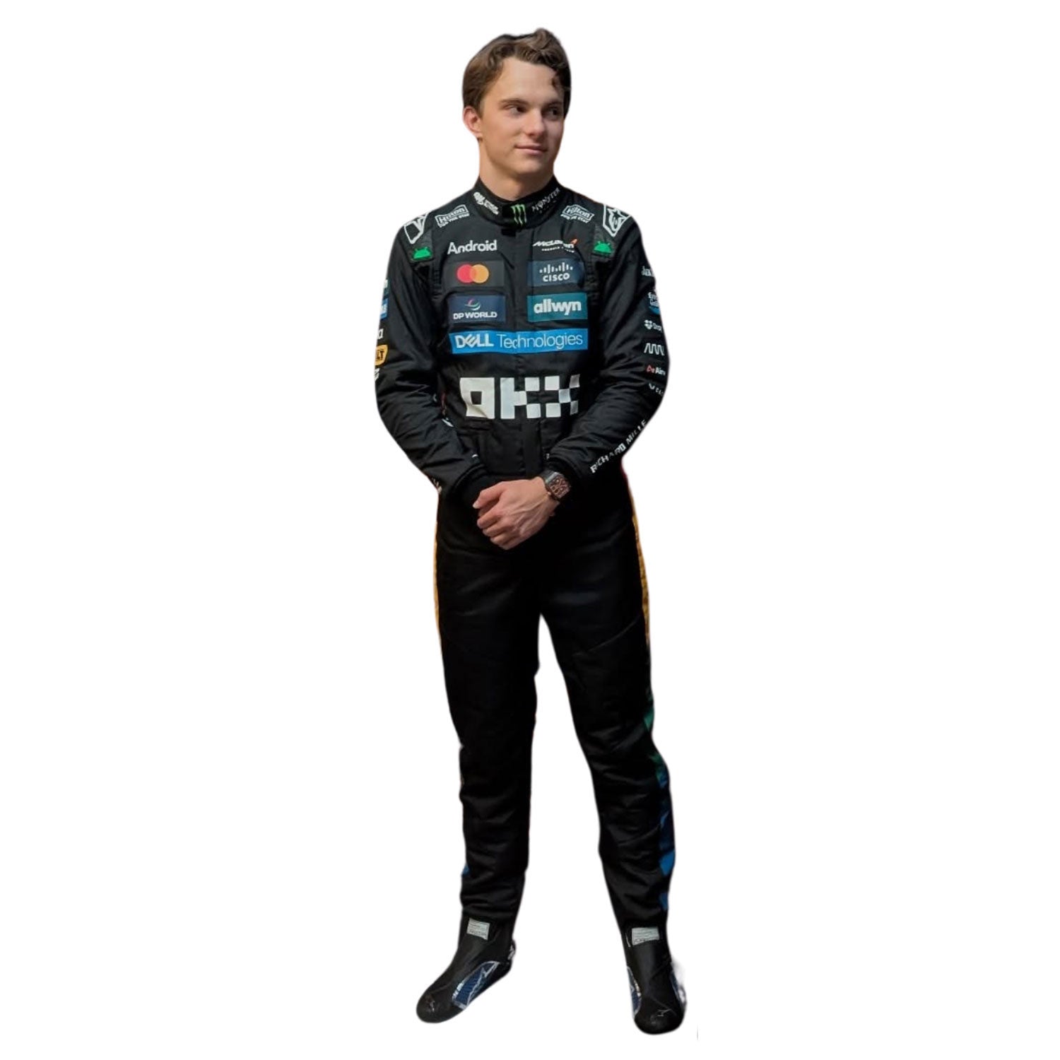 Oscar Piastri wearing a black 2025 McLaren Silverstone British GP racing suit with various sponsor logos - Kartex Gear