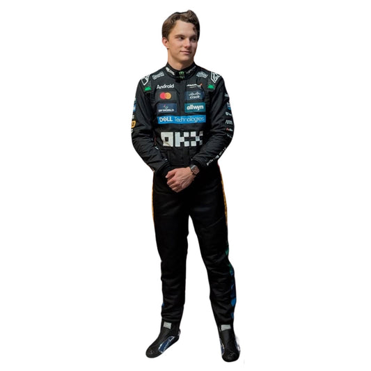Oscar Piastri wearing a black 2025 McLaren Silverstone British GP racing suit with various sponsor logos - Kartex Gear