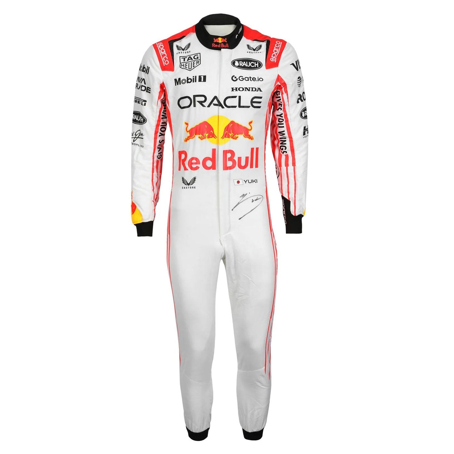 White Yuki Tsunoda Red Bull 2025 Japanese GP F1 racing suit with Red Bull and Oracle branding - Kartx Gear