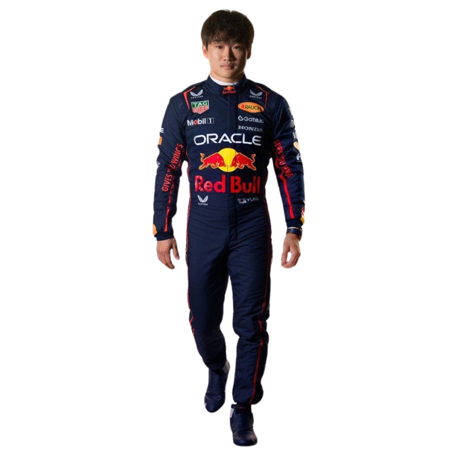 Yuki Tsunoda wearing a 2025 Red Bull racing suit on a white background - Kartx Gear