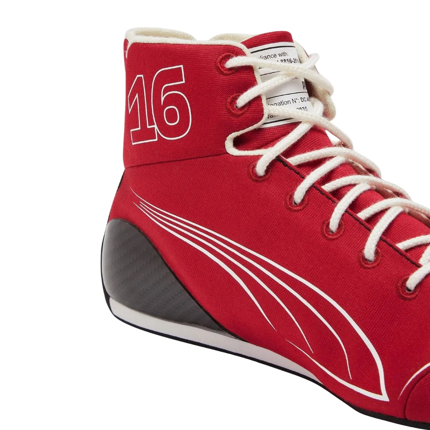 Red high-top 2025 Charles Leclerc Ferrari F1 Racing sneaker with white laces and '16' branding - Kartx Gear