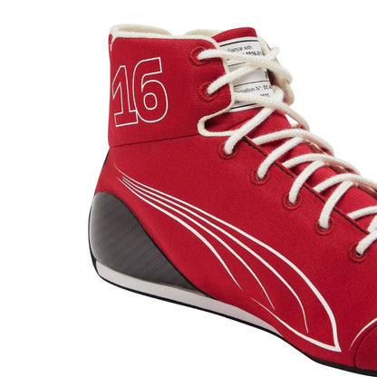 Red high-top 2025 Charles Leclerc Ferrari F1 Racing sneaker with white laces and '16' branding - Kartx Gear