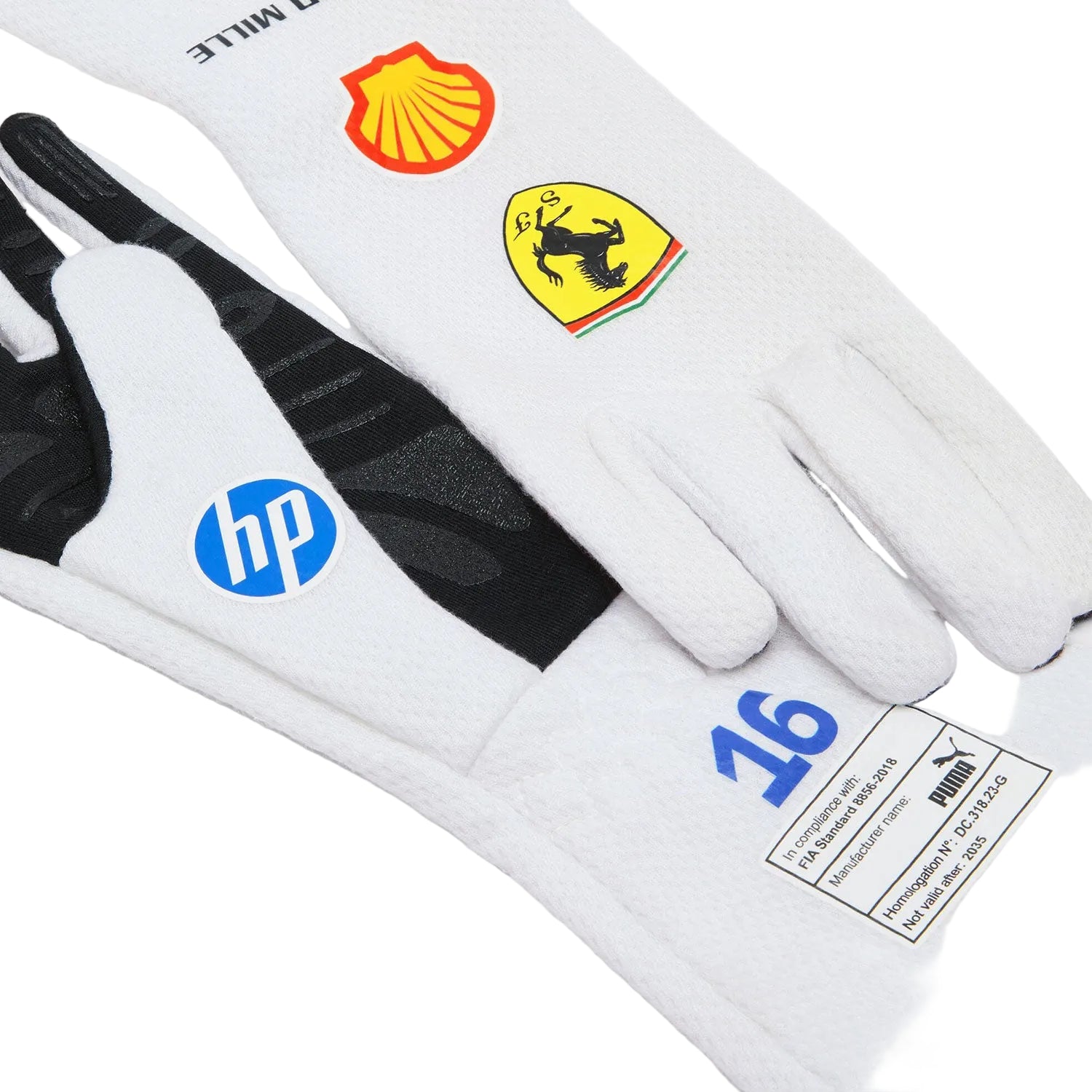 White 2025 Charles Leclerc Miami GP Team F1 Ferrari racing gloves with black accents featuring various logos - Kartx Gear