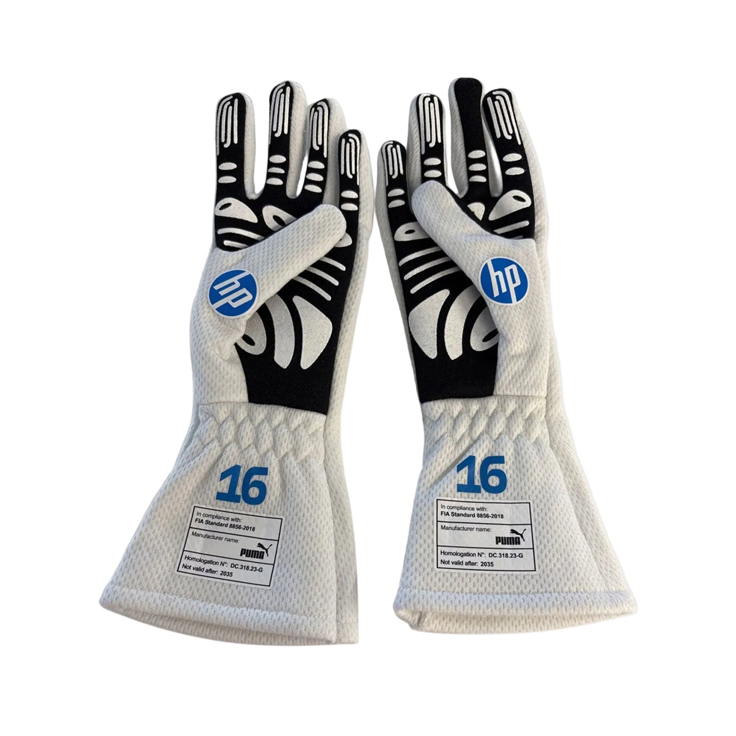 Pair of white and black 2025 Charles Leclerc Monaco GP Team F1 Ferrari racing gloves with HP logo - Kartx Gear