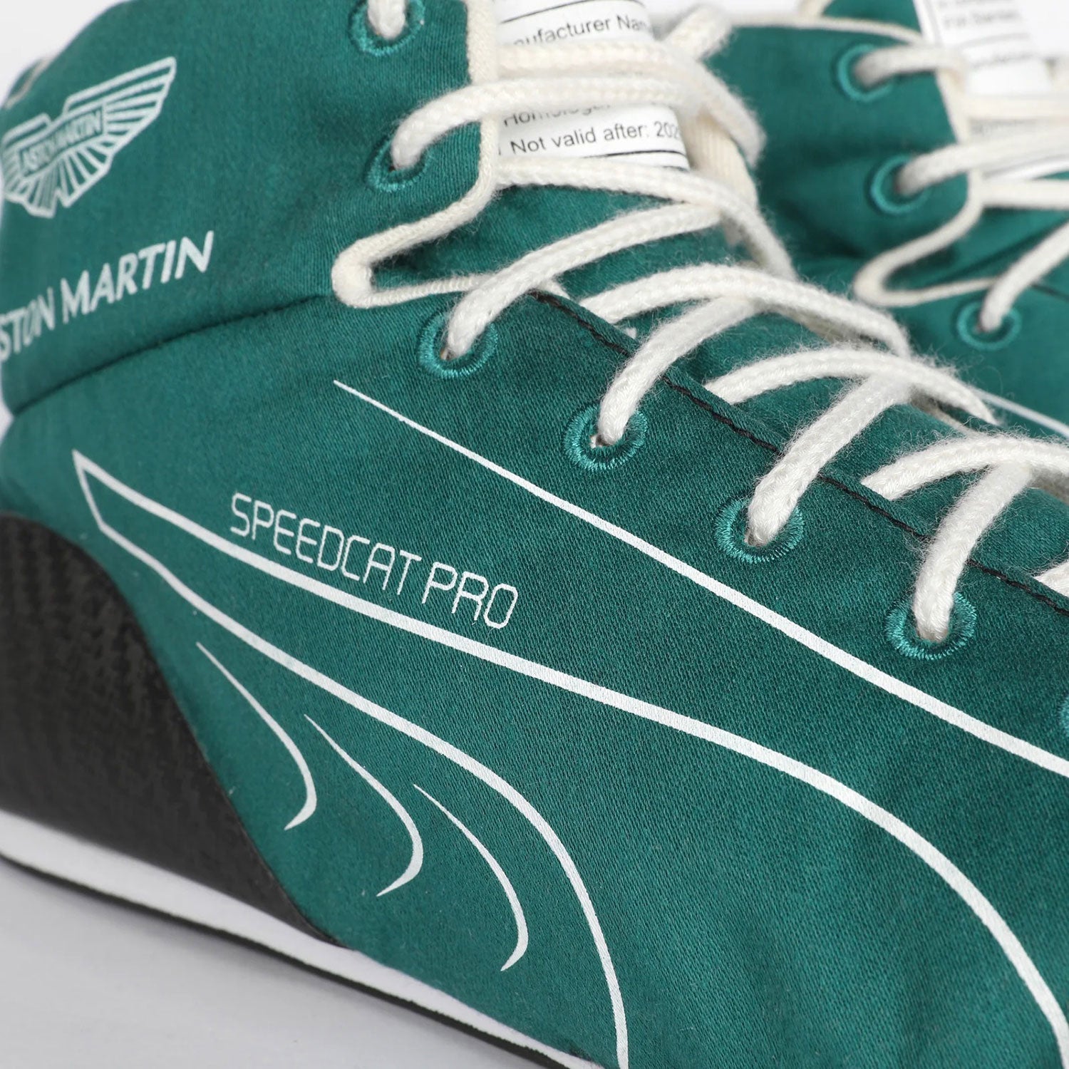 Green and black Lance Stroll 2025 Aston Martin F1 Racing shoe with white laces and branding - Kartx Gear