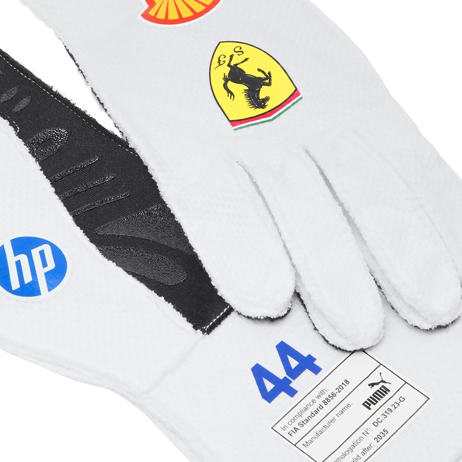 White 2025 Lewis Hamilton Miami GP Team F1 Ferrari racing gloves with logos including Ferrari, HP, and Puma - Kartx Gear