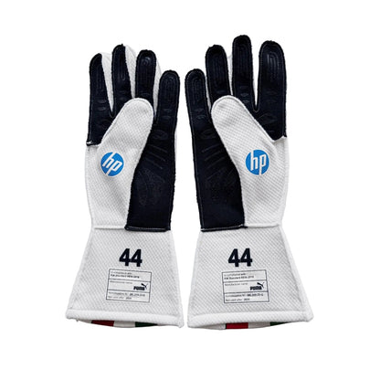 Pair of black and white 2025 Lewis Hamilton Monza GP Team F1 Ferrari Racing gloves with HP logo and number 44 - Kartx Gear