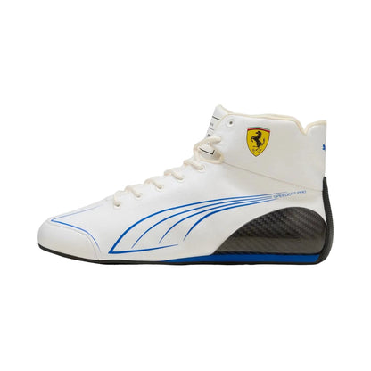 White high-top 2025 Team F1 Ferrari Miami GP Racing sneaker with blue accents and a logo - Kartx Gear