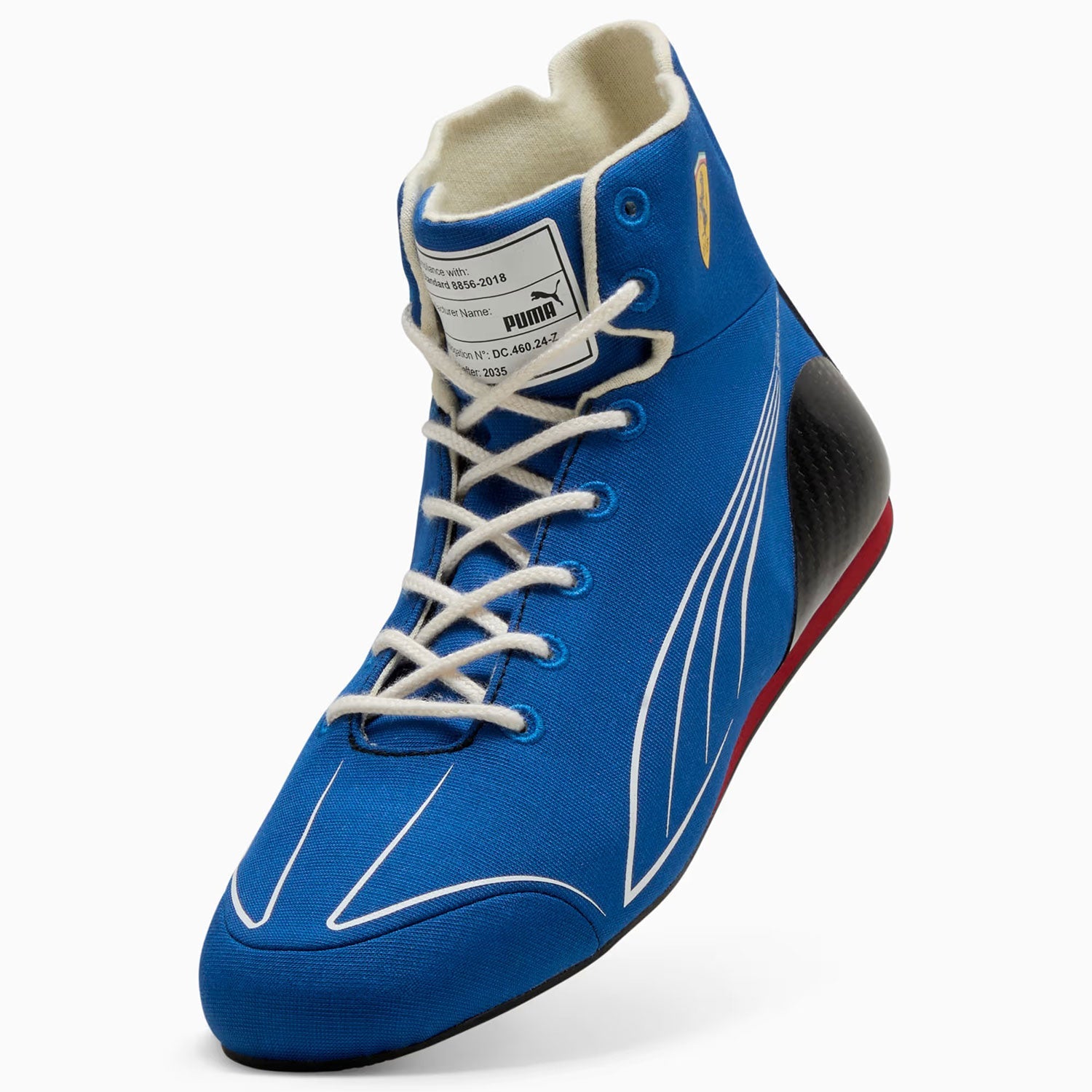 Blue high-top 2025 Racing Team F1 Ferrari Monza GP Racing sneaker with white laces - Kartx Gear