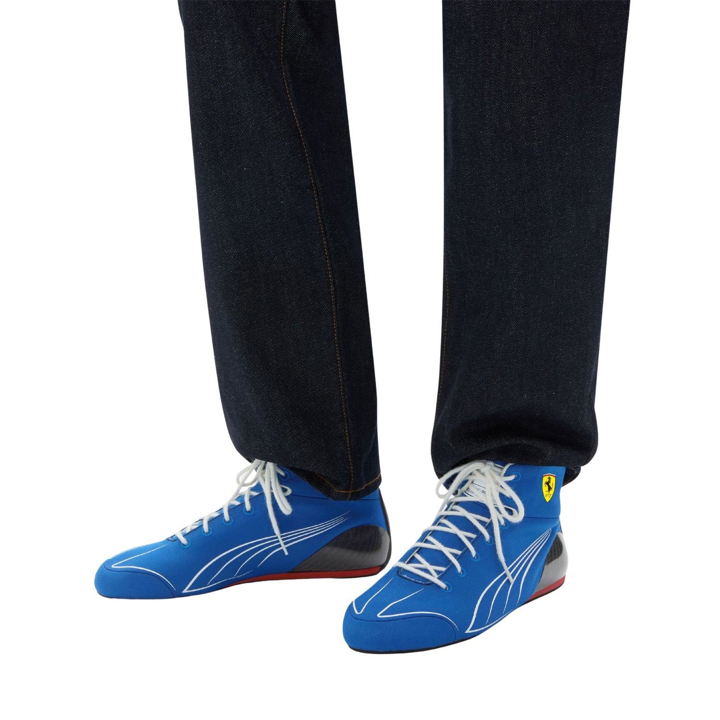 Blue 2025 Racing Team F1 Ferrari Monza GP Racing shoes with a logo worn by a person - Kartx Gear