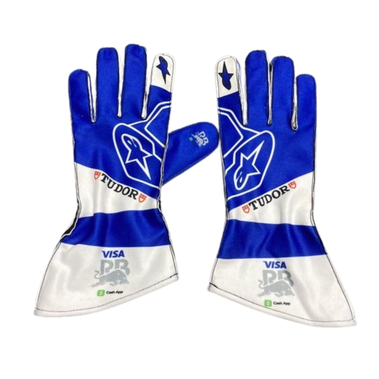 Pair of blue and white 2025 Yuki Tsunoda Team F1 Racing Bulls racing gloves with visible branding - Kartx Gear