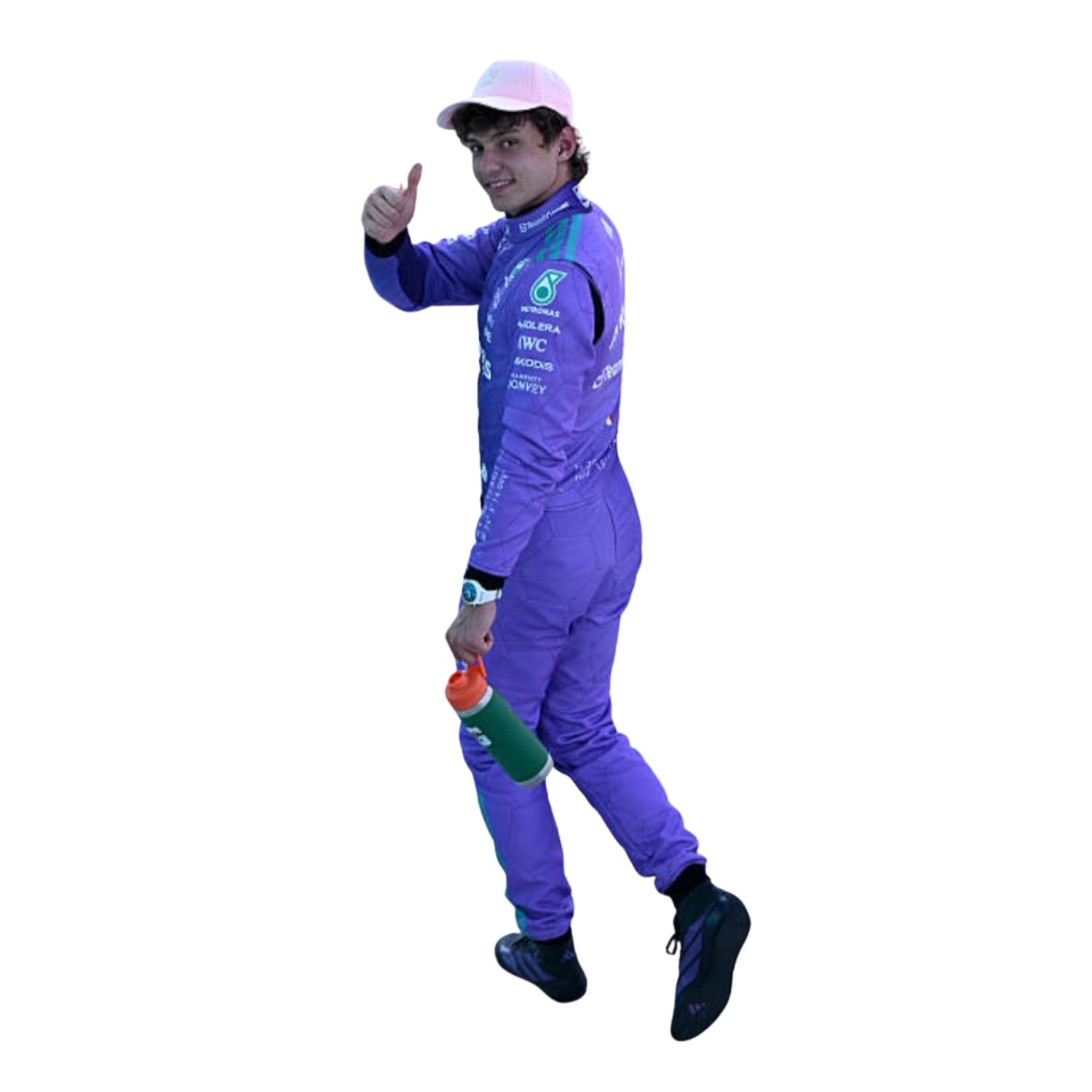 Left Side View of Andrea Kimi Antonelli wearing a purple Mercedes 2026 Miami GP F1 racing suit giving a thumbs-up gesture - Kartx Gear