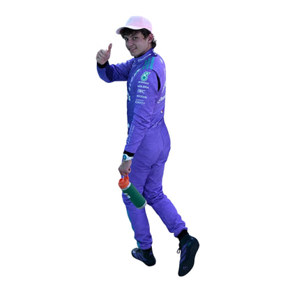Left Side View of Andrea Kimi Antonelli wearing a purple Mercedes 2026 Miami GP F1 racing suit giving a thumbs-up gesture - Kartx Gear
