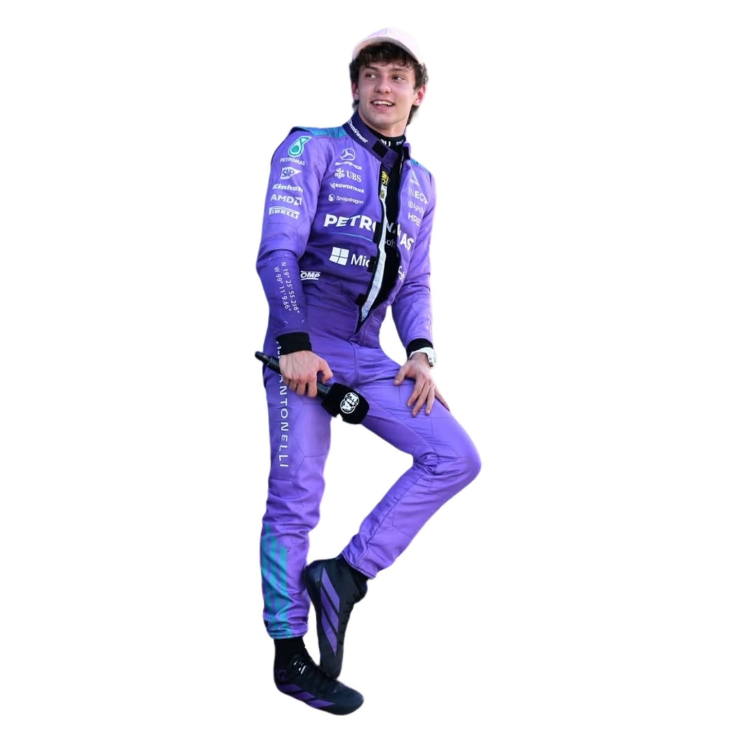 Right Side View of Andrea Kimi Antonelli wearing a purple Mercedes 2026 Miami GP F1 racing suit with various sponsor logos - Kartx Gear