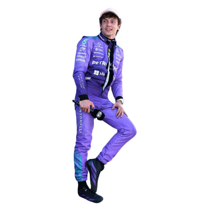 Right Side View of Andrea Kimi Antonelli wearing a purple Mercedes 2026 Miami GP F1 racing suit with various sponsor logos - Kartx Gear