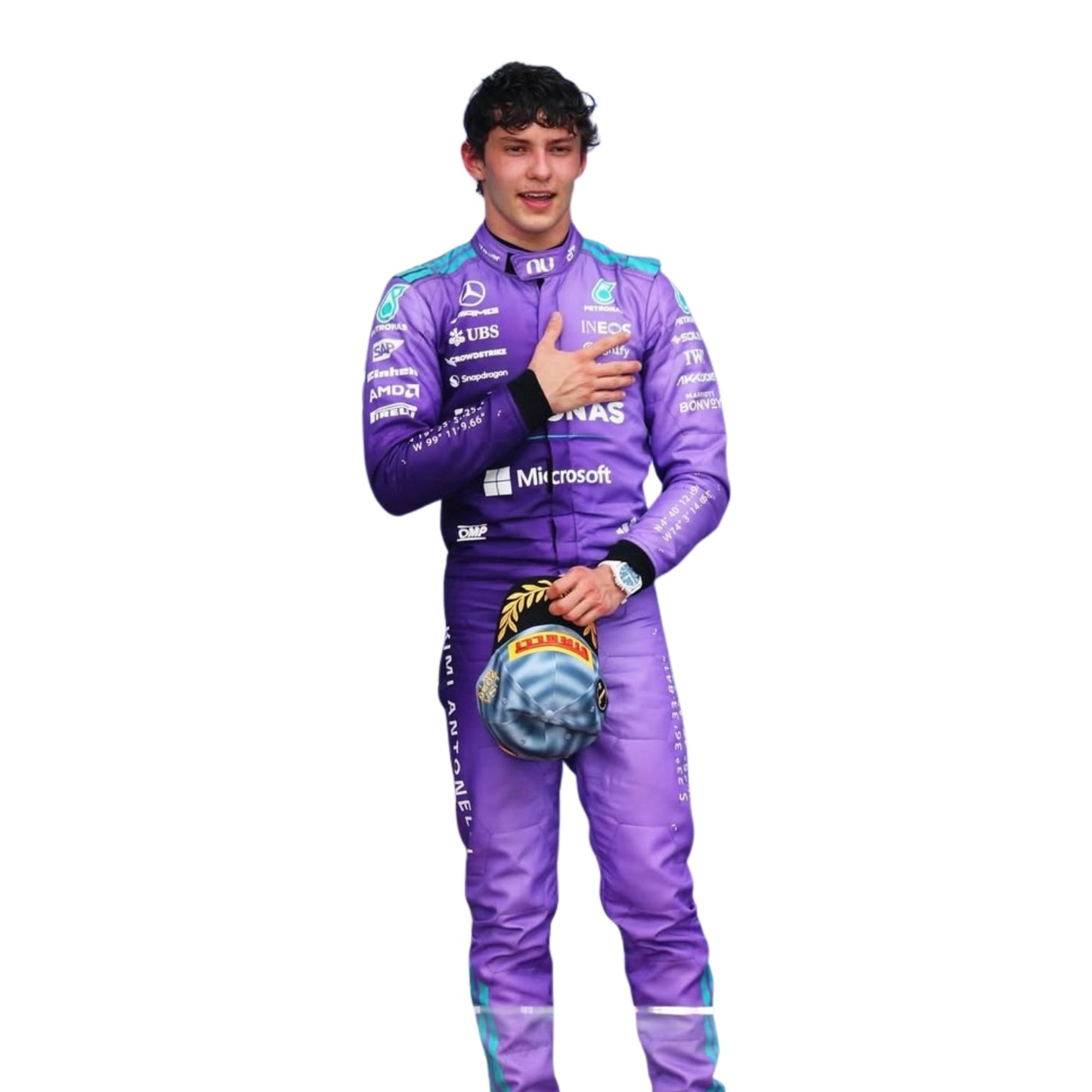 Front View of Andrea Kimi Antonelli wearing a purple Mercedes 2026 Miami GP F1 racing suit with various sponsor logos - Kartx Gear