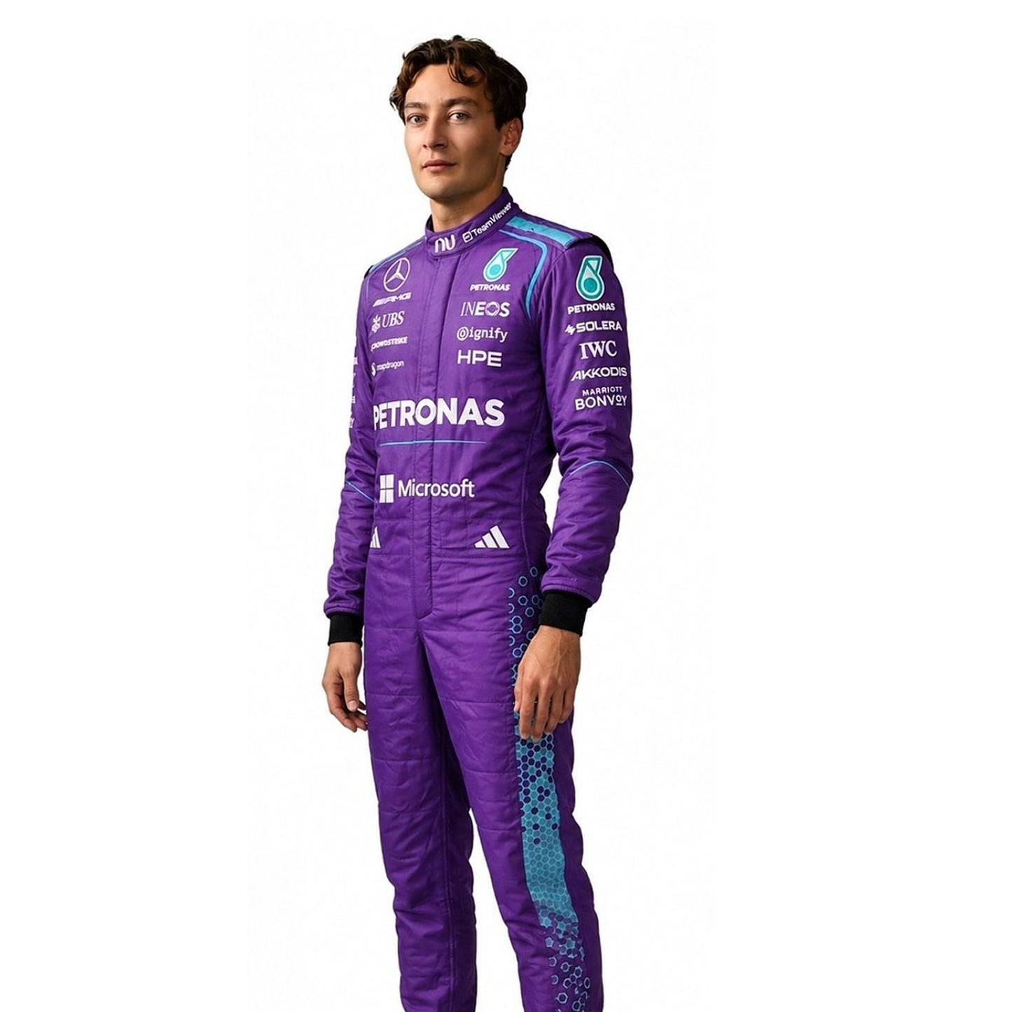 Left Side View of George Russell wearing a purple Mercedes 2026 Miami GP F1 racing suit with various sponsor logos - Kartx Gear
