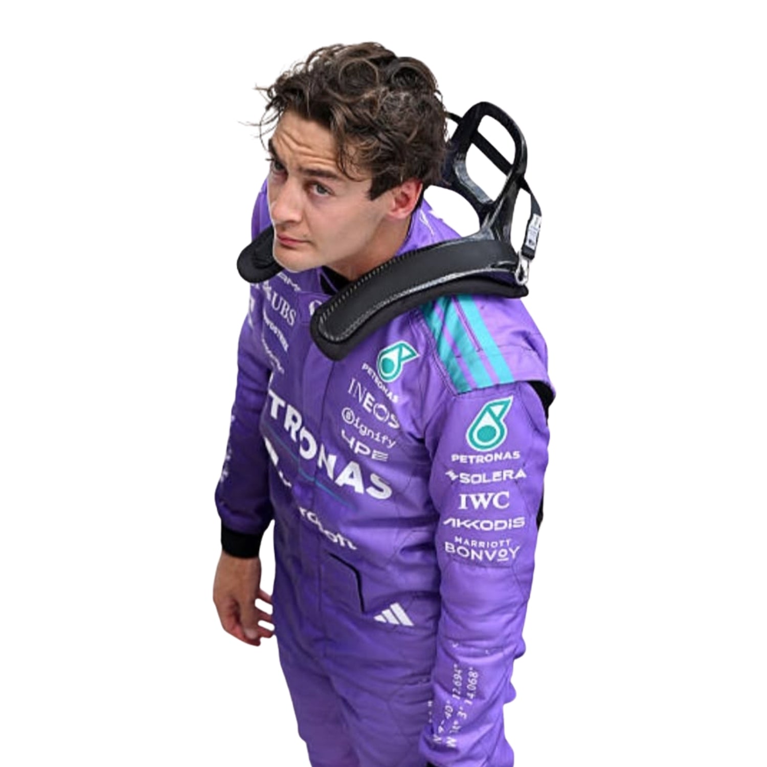 Left Side View of George Russell wearing a purple Mercedes 2026 Miami GP F1 racing suit with various sponsor logos - Kartx Gear