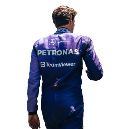 Back Side View of George Russell wearing a purple Mercedes 2026 Miami GP F1 racing suit with Petronas and TeamViewer logos - Kartx Gear