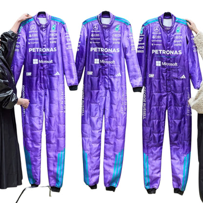 Front View of Three purple George Russell Miami GP 2026 F1 racing suits with various logos - Kart Gear