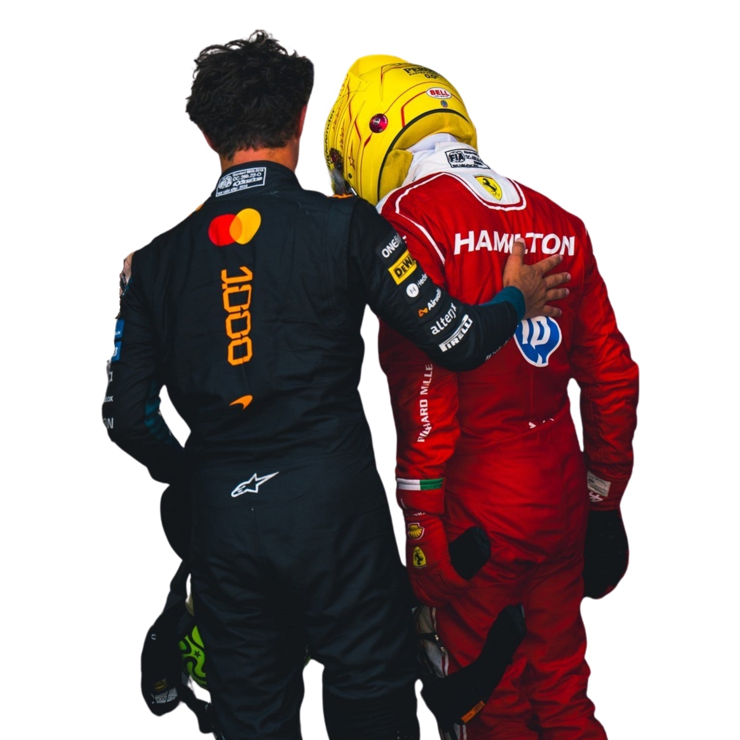 Back View of Lando Norris and Lewis Hamilton wearing a 2026 McLaren 1000 GP F1 racing suit in Monaco