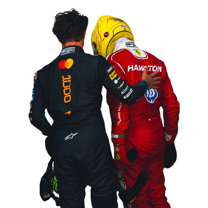 Back View of Lando Norris and Lewis Hamilton wearing a 2026 McLaren 1000 GP F1 racing suit in Monaco