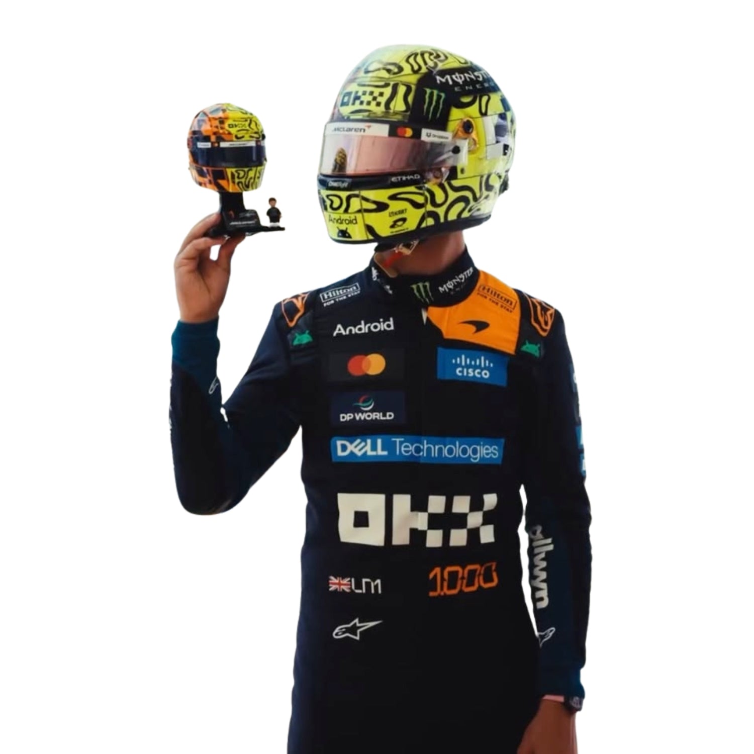 Front View of Lando Norris wearing a 2026 McLaren 1000 GP F1 racing suit and helmet in Monaco, holding Lego Helmet - Kartx Gear