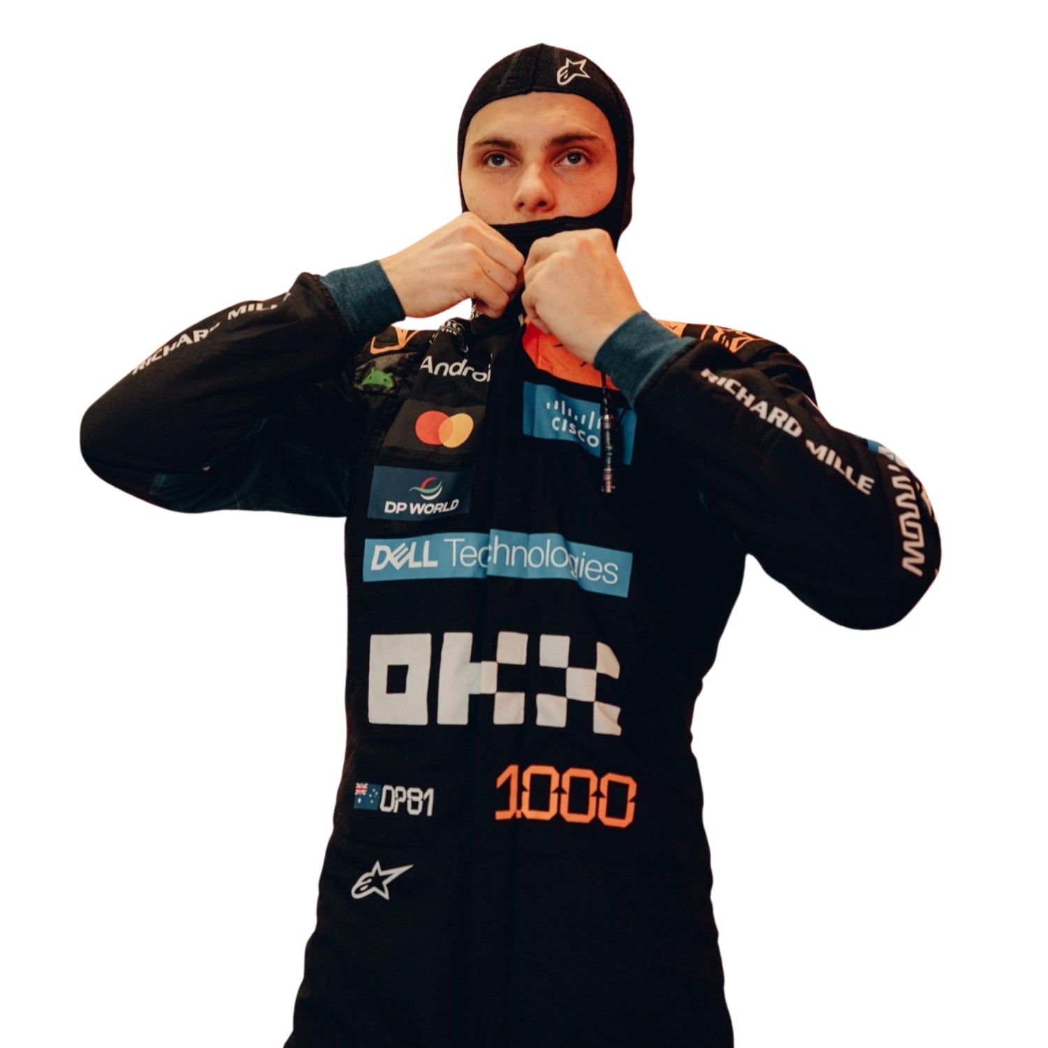 Close Up View of Oscar Piastri wearing a black 1000th Monaco GP 2026 McLaren F1 racing suit with various logos - Kartx Gear