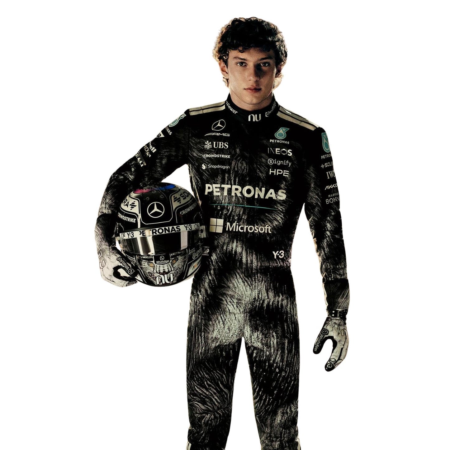 Kimi wearing a 2026 Japanese GP Mercedes F1 racing suit with various sponsor logos - Kartx Gear