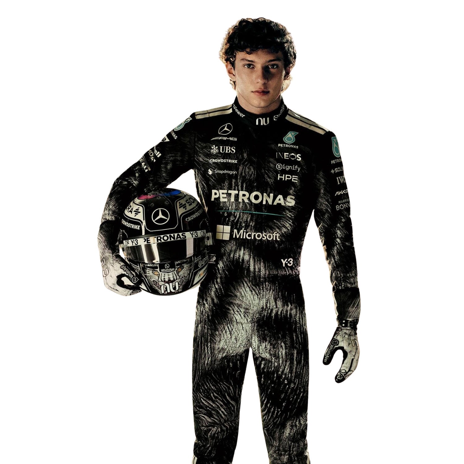 Kimi wearing a 2026 Japanese GP Mercedes F1 racing suit with various sponsor logos - Kartx Gear